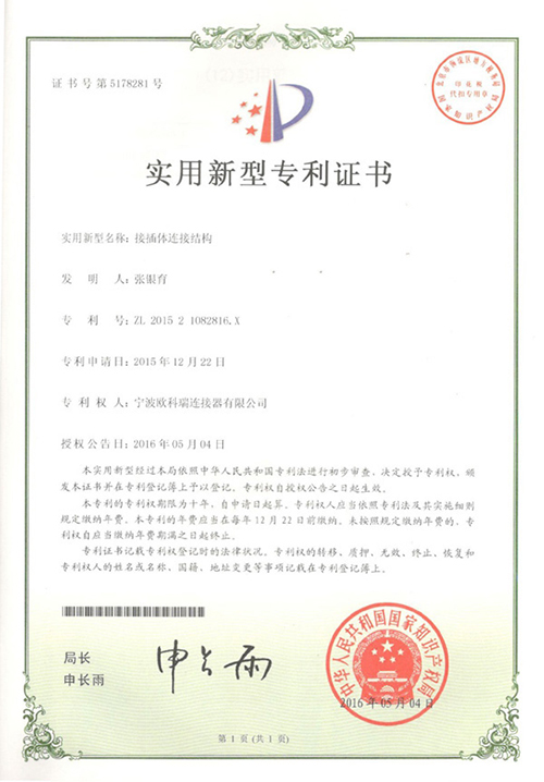 接插体连接结构专利证书